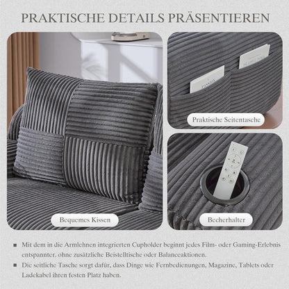 Modulares Cord Sofa 2-Sitzer mit Hocker & Stauraum