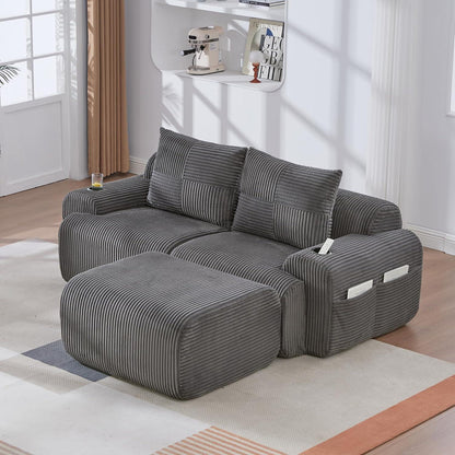Modulares Cord Sofa 2-Sitzer mit Hocker & Stauraum