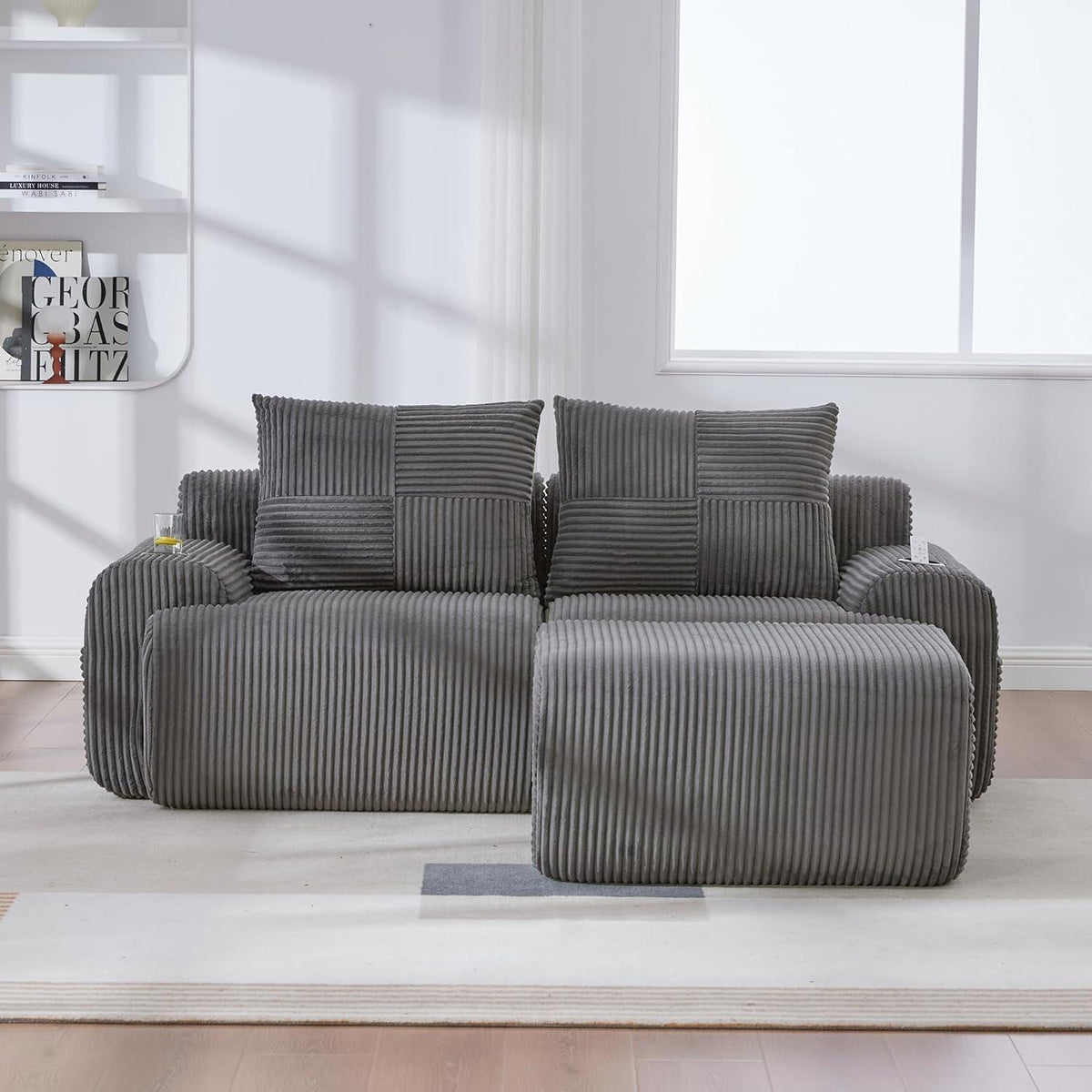 Modulares Cord Sofa 2-Sitzer mit Hocker & Stauraum