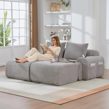 Cord Sofa 2-Sitzer mit Hockern | Modular, Getränkehalter & Stauraum
