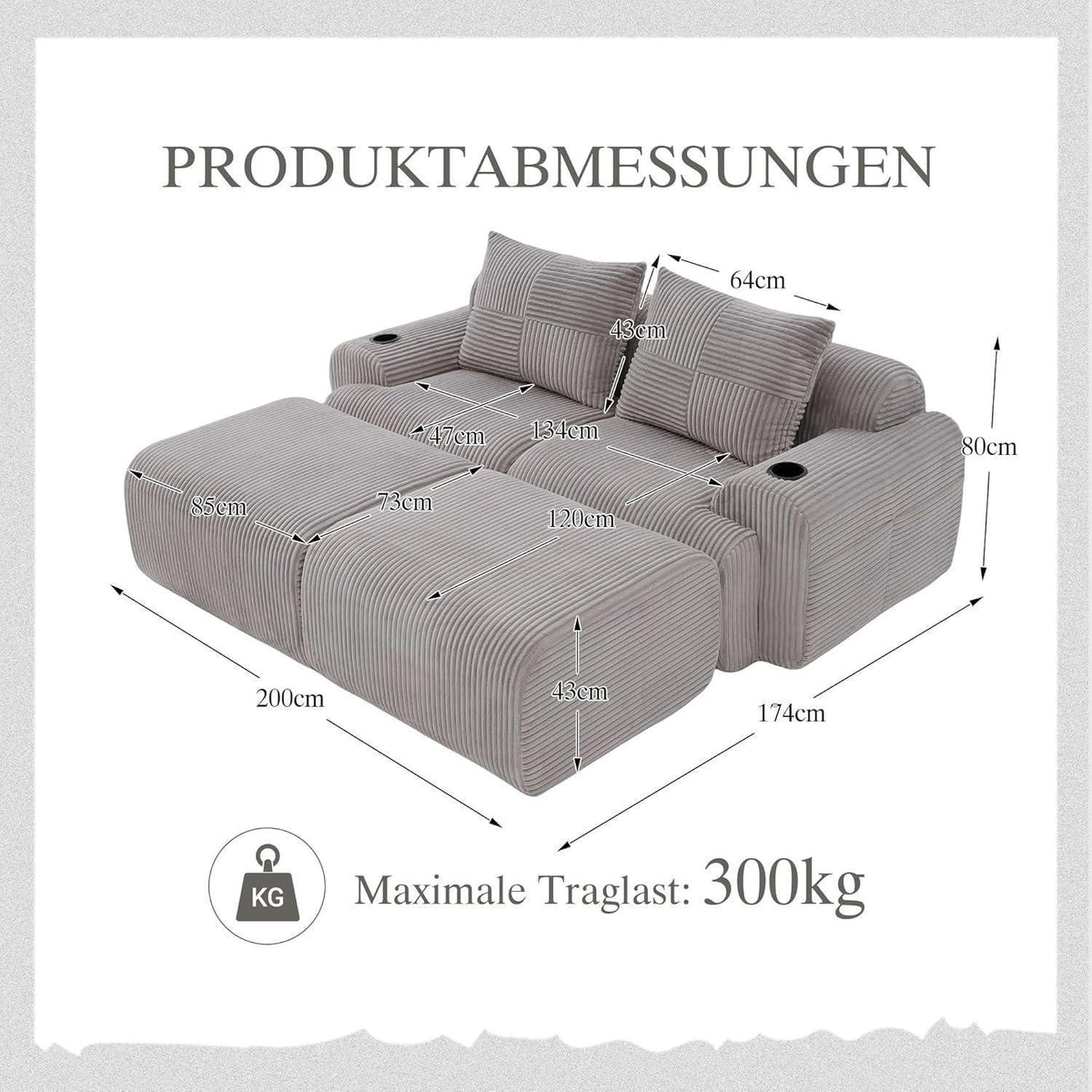 Cord Sofa 2-Sitzer mit Hockern | Modular, Getränkehalter & Stauraum