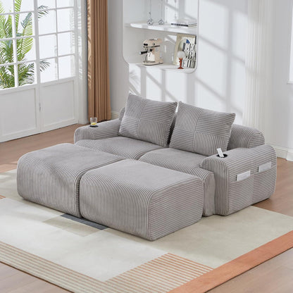 Cord Sofa 2-Sitzer mit Hockern | Modular, Getränkehalter & Stauraum