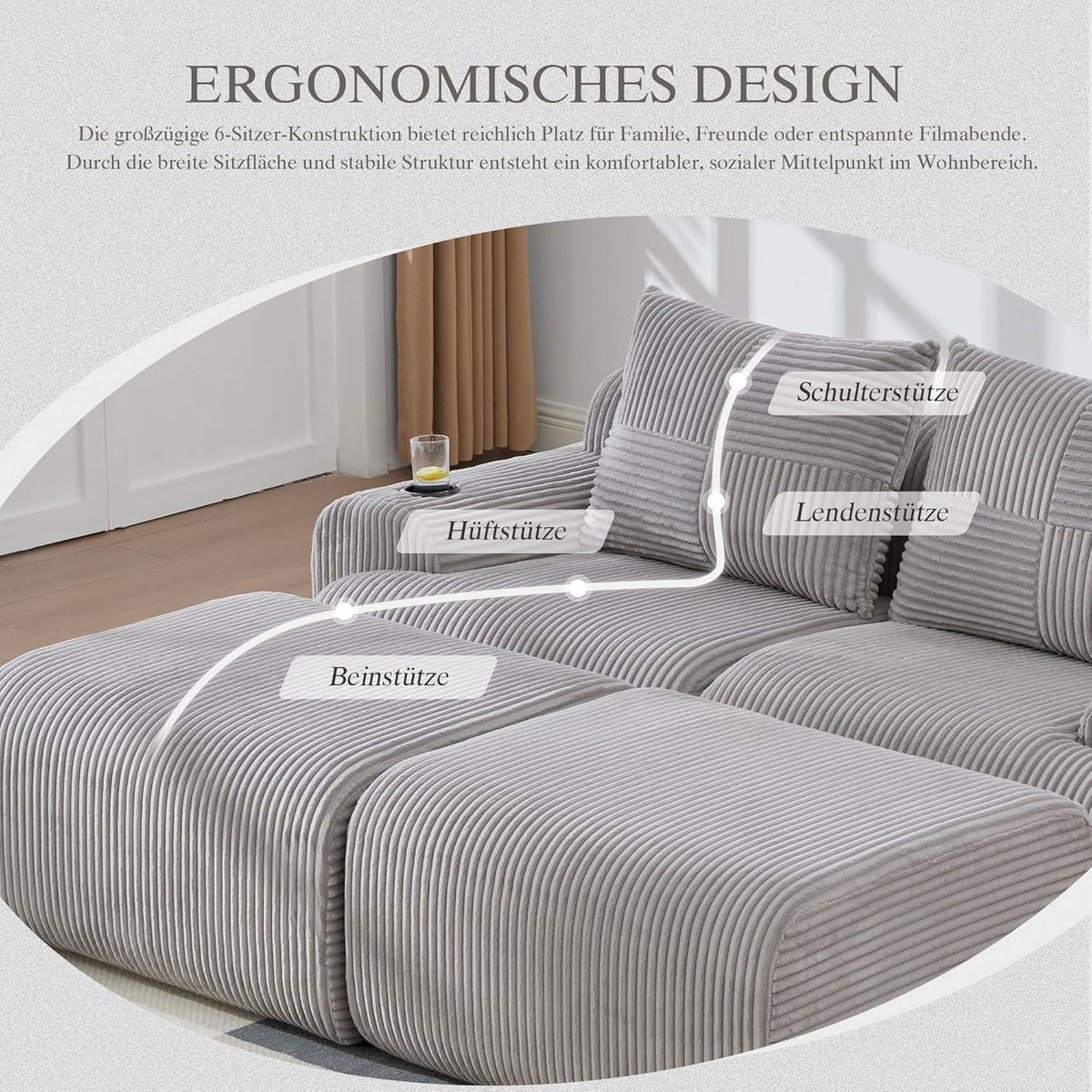 Cord Sofa 2-Sitzer mit Hockern | Modular, Getränkehalter & Stauraum