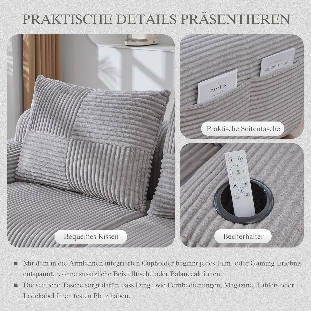 Cord Sofa 2-Sitzer mit Hockern | Modular, Getränkehalter & Stauraum