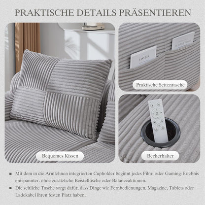 Cord Sofa 2-Sitzer mit Hockern | Modular, Getränkehalter & Stauraum