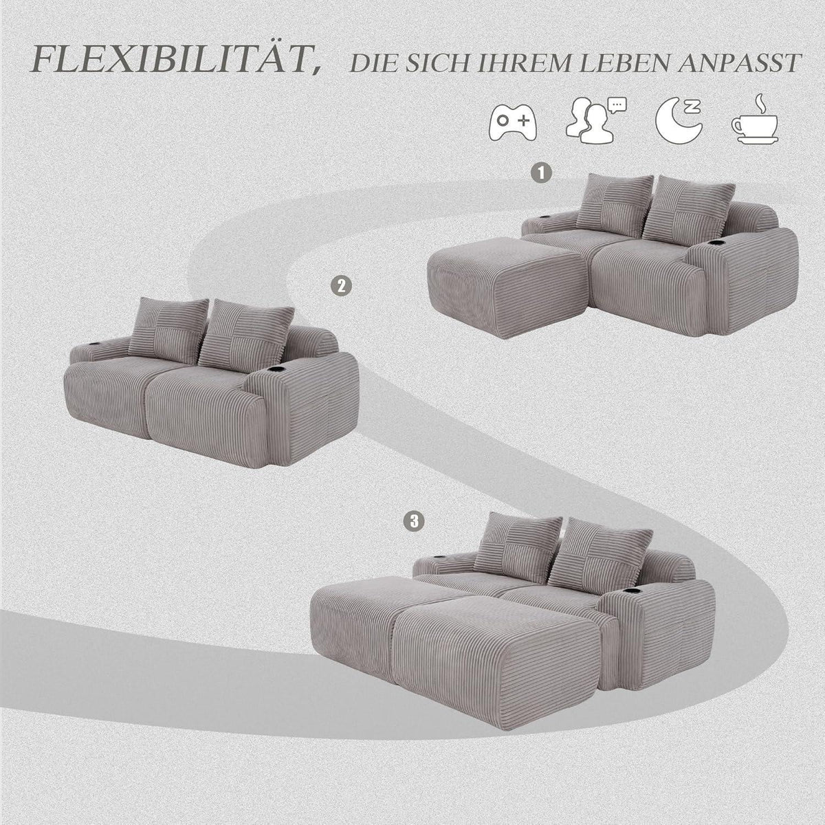 Cord Sofa 2-Sitzer mit Hockern | Modular, Getränkehalter & Stauraum