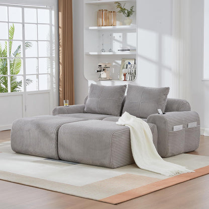 Cord Sofa 2-Sitzer mit Hockern | Modular, Getränkehalter & Stauraum