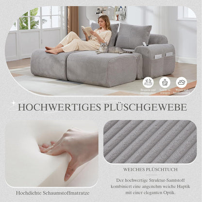 Cord Sofa 2-Sitzer mit Hockern | Modular, Getränkehalter & Stauraum