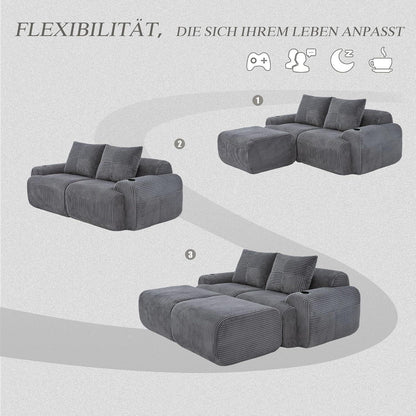 Cord Sofa 2-Sitzer mit Hockern | Getränkehalter & Stauraum