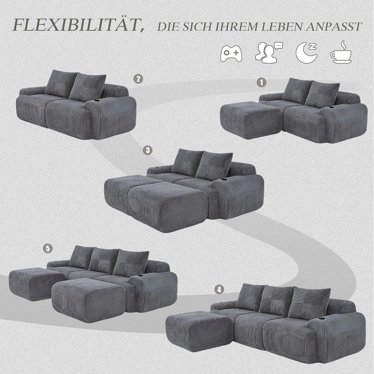 Modulares Cord Sofa 3-Sitzer mit Hockern & Stauraum