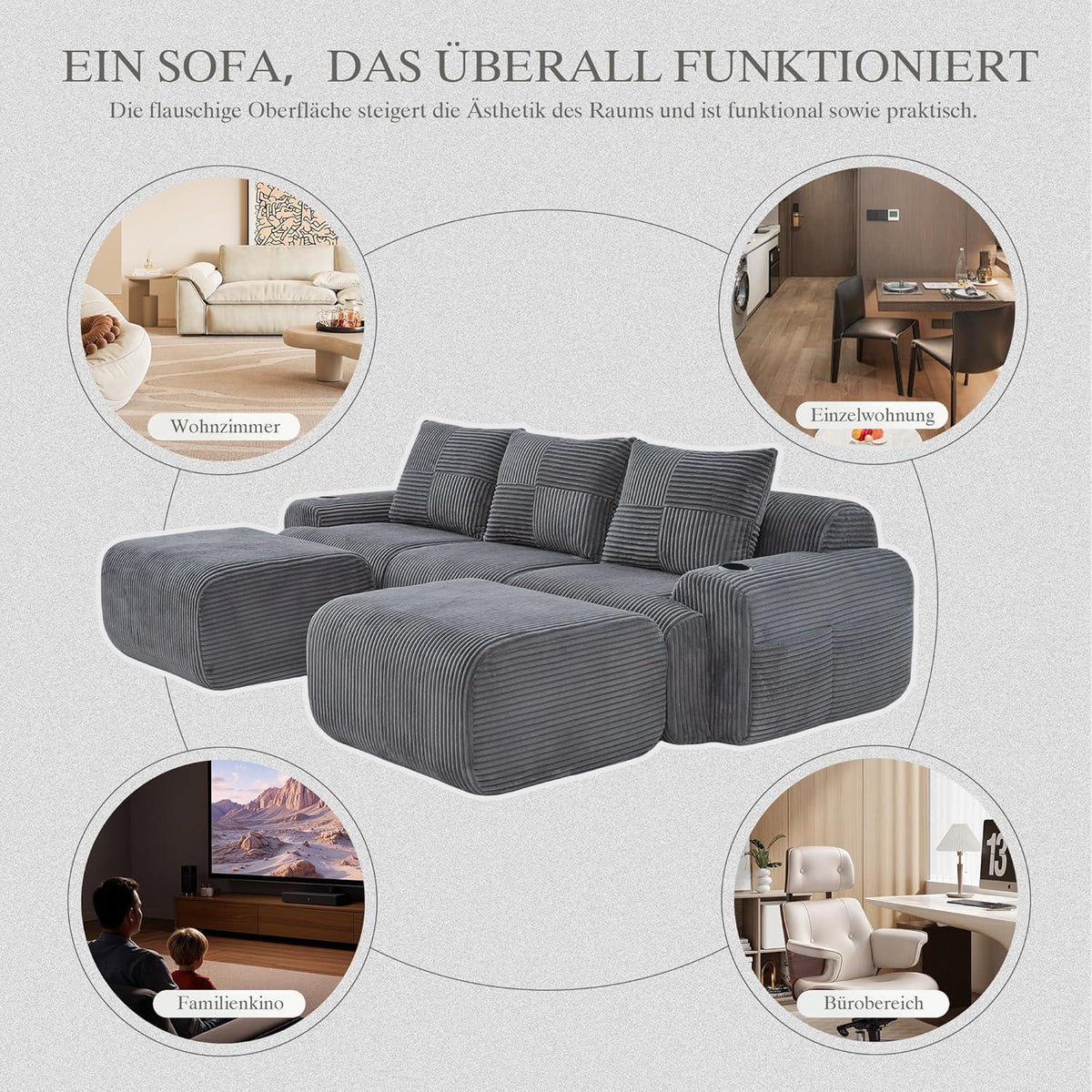 Modulares Cord Sofa 3-Sitzer mit Hockern & Stauraum