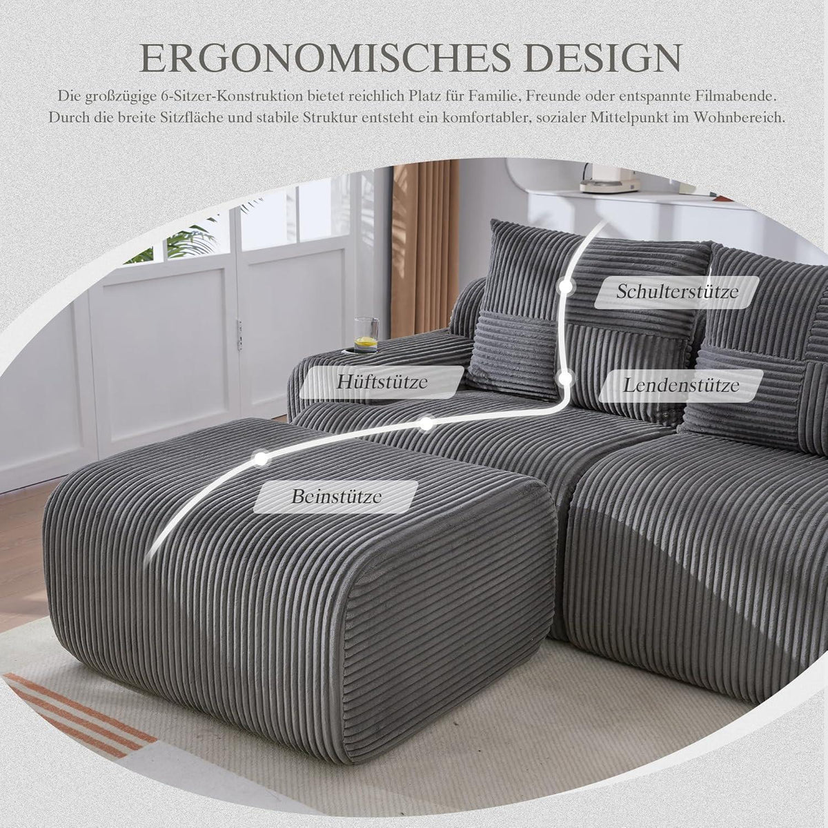 Modulares Cord Sofa 3-Sitzer mit Hockern & Stauraum