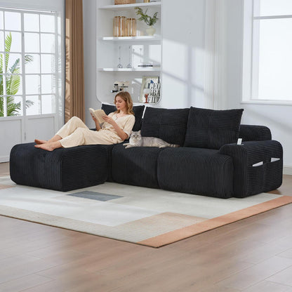 Modulares L-Form Sofa mit Hocker & Stauraum – Schwarz