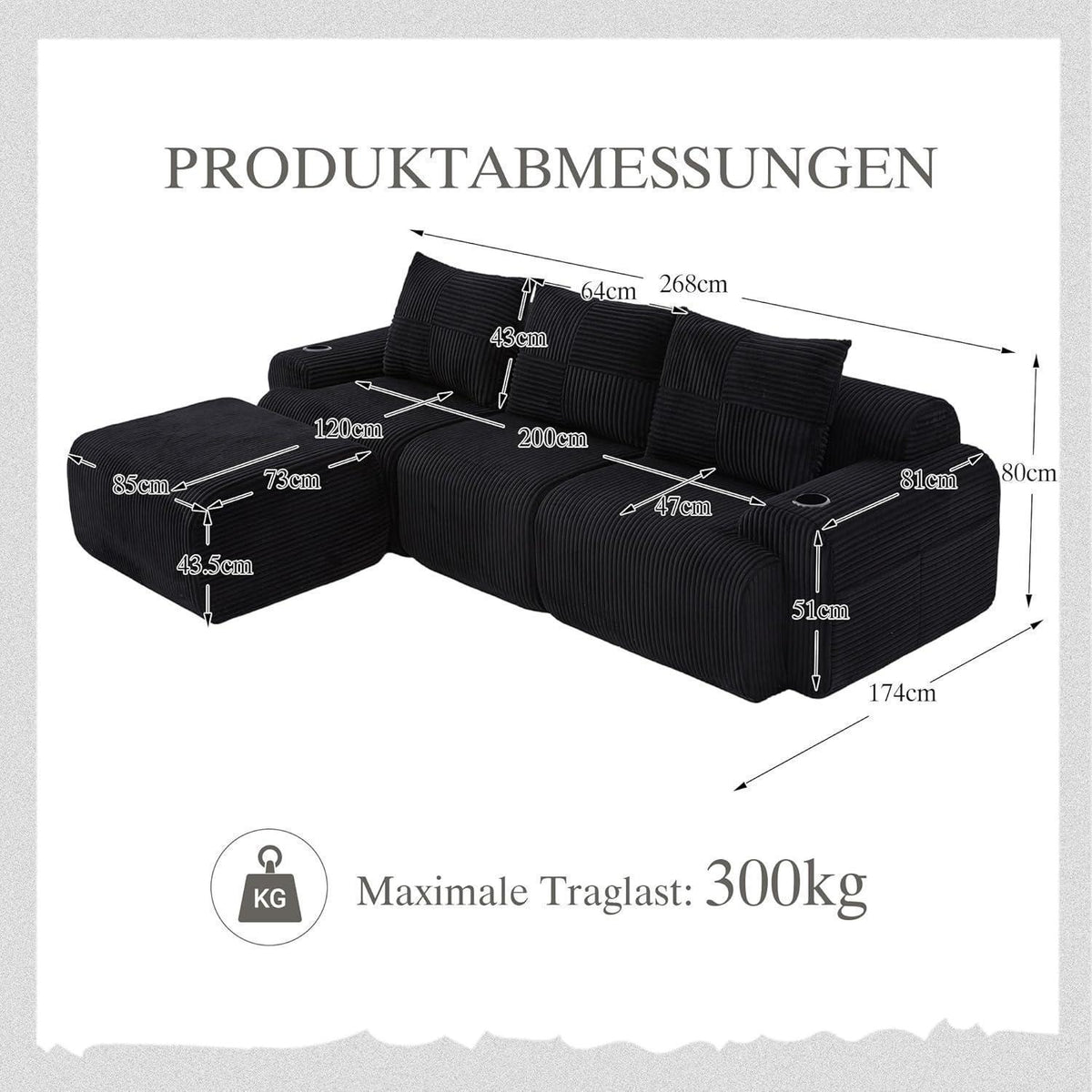 Modulares L-Form Sofa mit Hocker & Stauraum – Schwarz