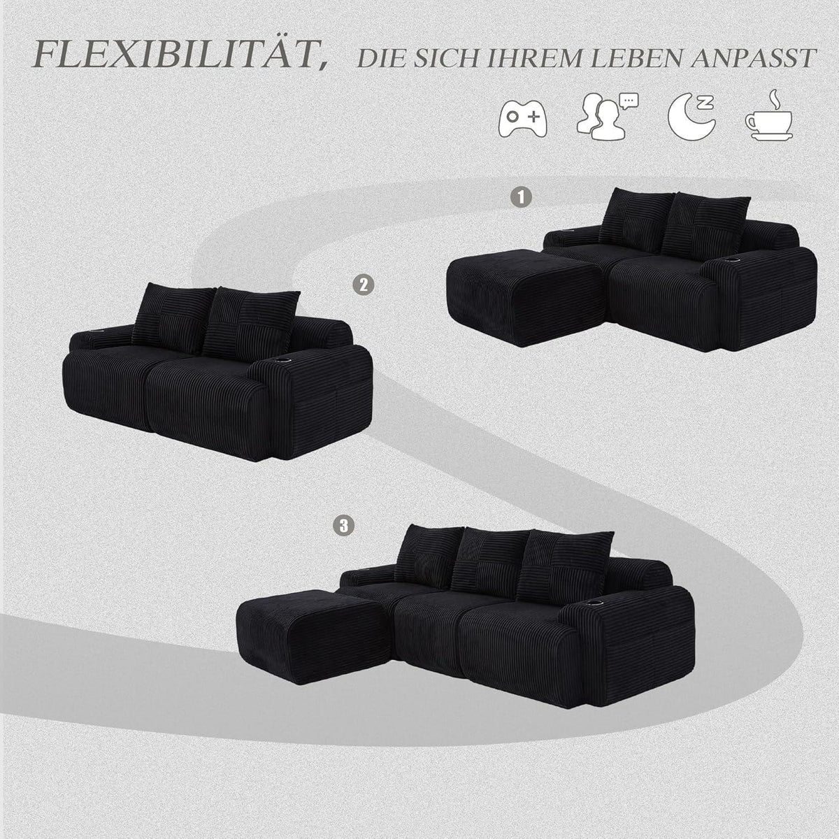 Modulares L-Form Sofa mit Hocker & Stauraum – Schwarz