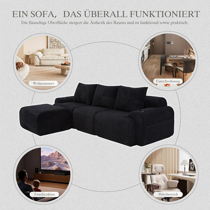 Modulares L-Form Sofa mit Hocker & Stauraum – Schwarz