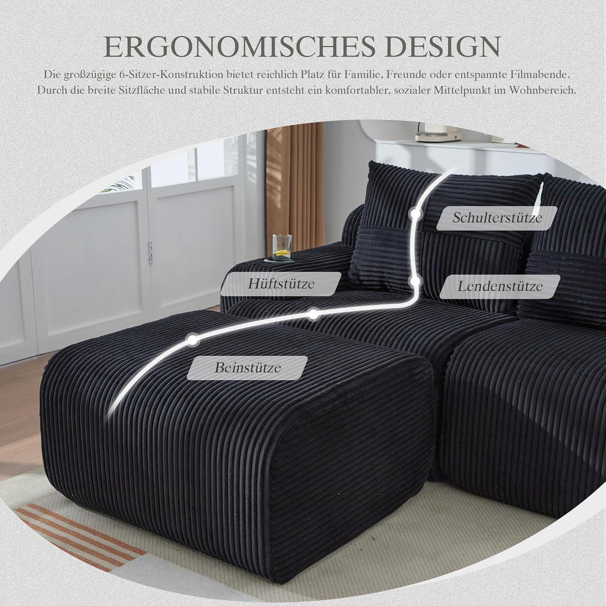 Modulares L-Form Sofa mit Hocker & Stauraum – Schwarz