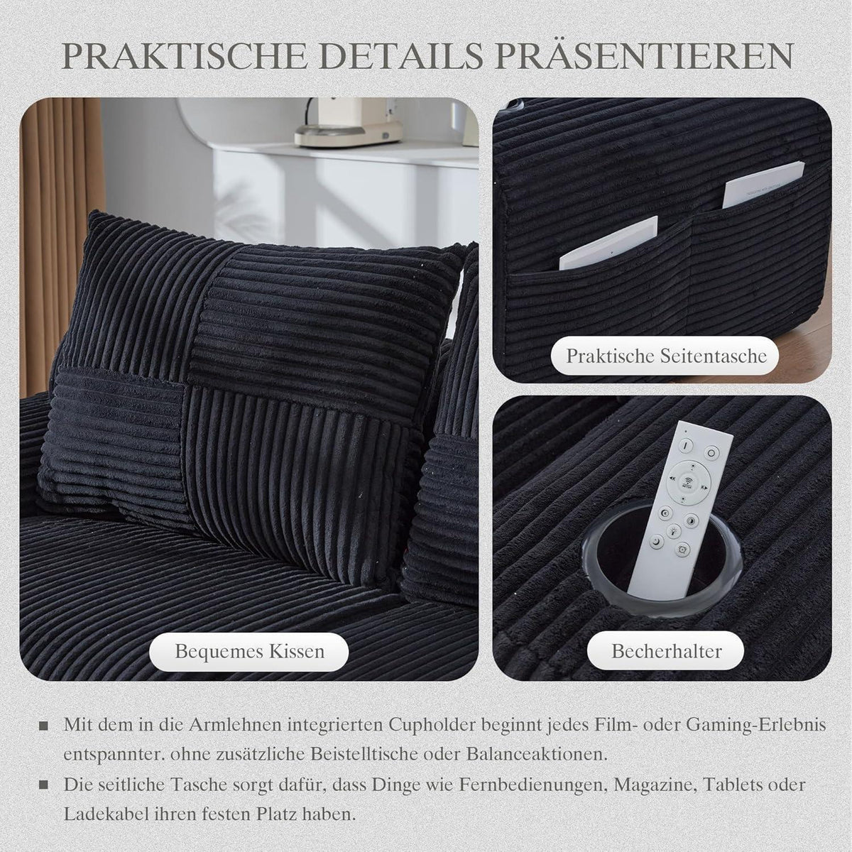 Modulares L-Form Sofa mit Hocker & Stauraum – Schwarz