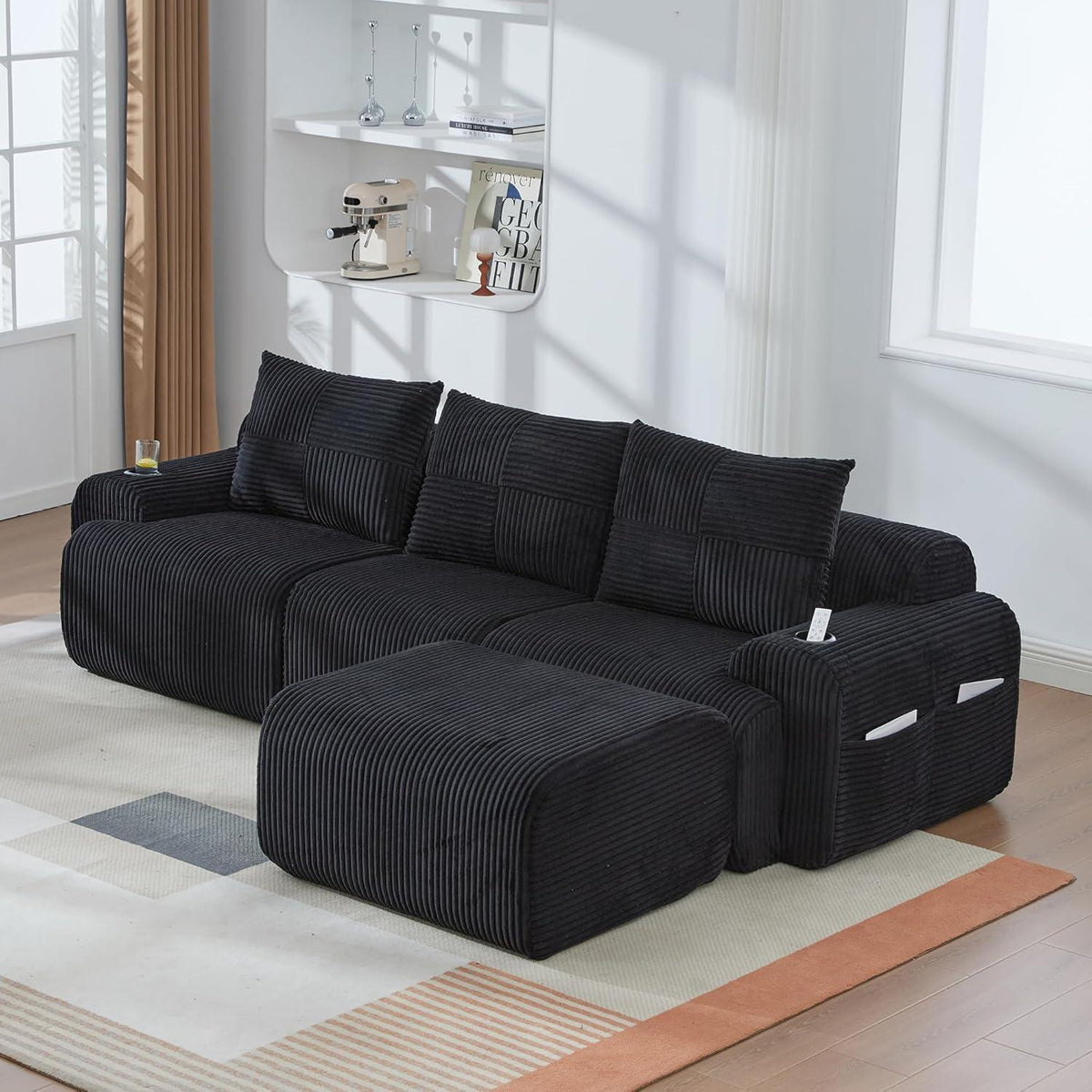 Modulares L-Form Sofa mit Hocker & Stauraum – Schwarz