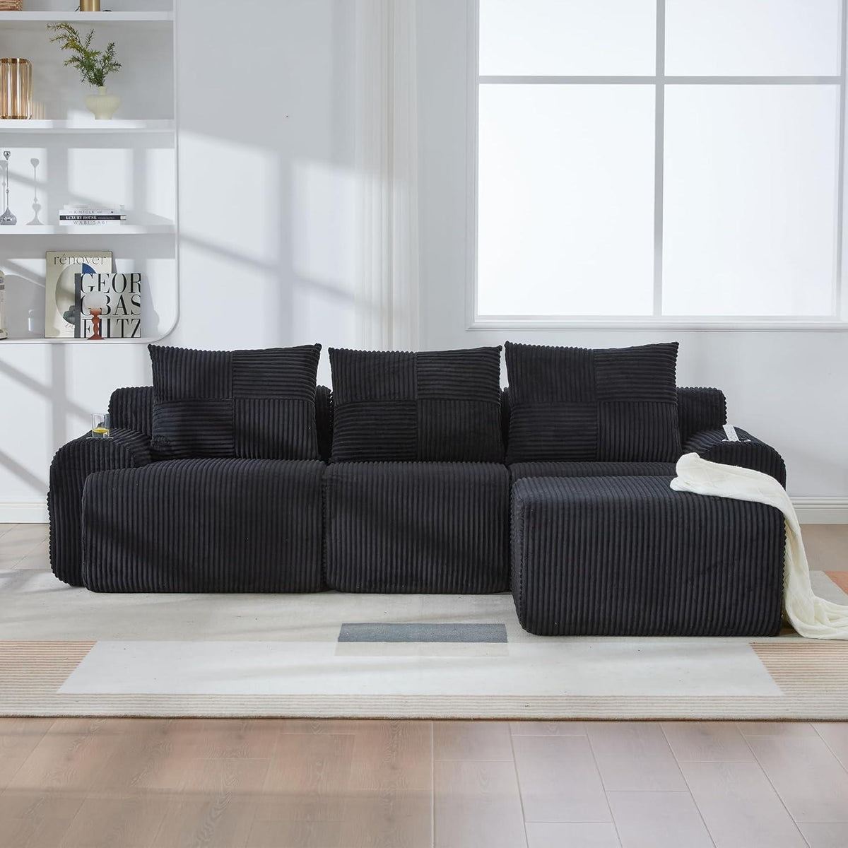 Modulares L-Form Sofa mit Hocker & Stauraum – Schwarz