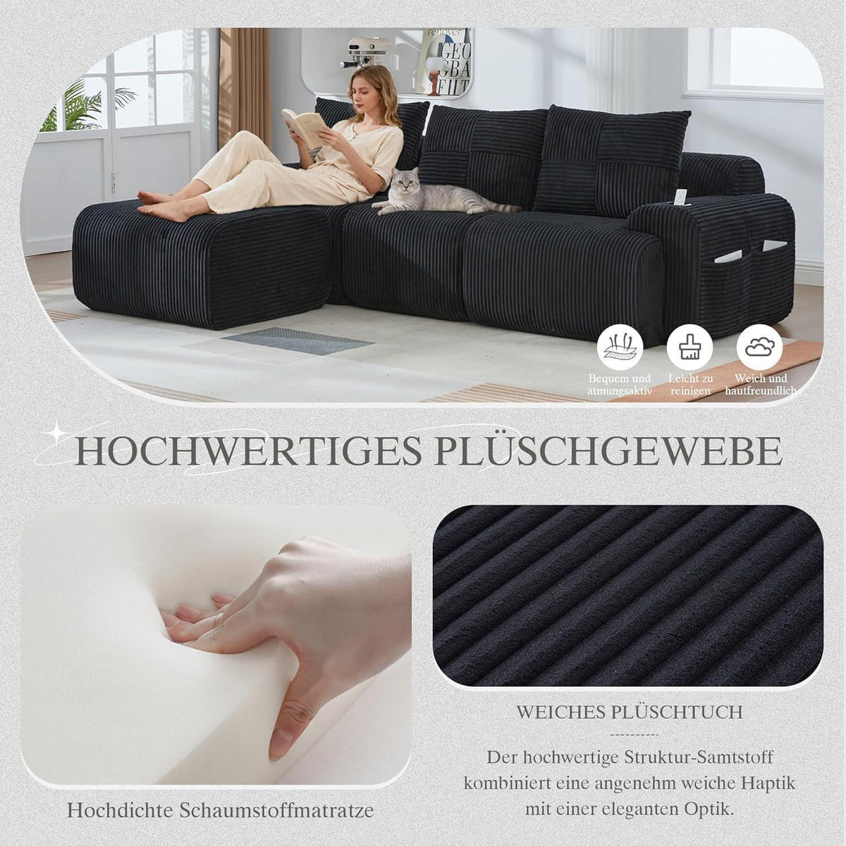 Modulares L-Form Sofa mit Hocker & Stauraum – Schwarz