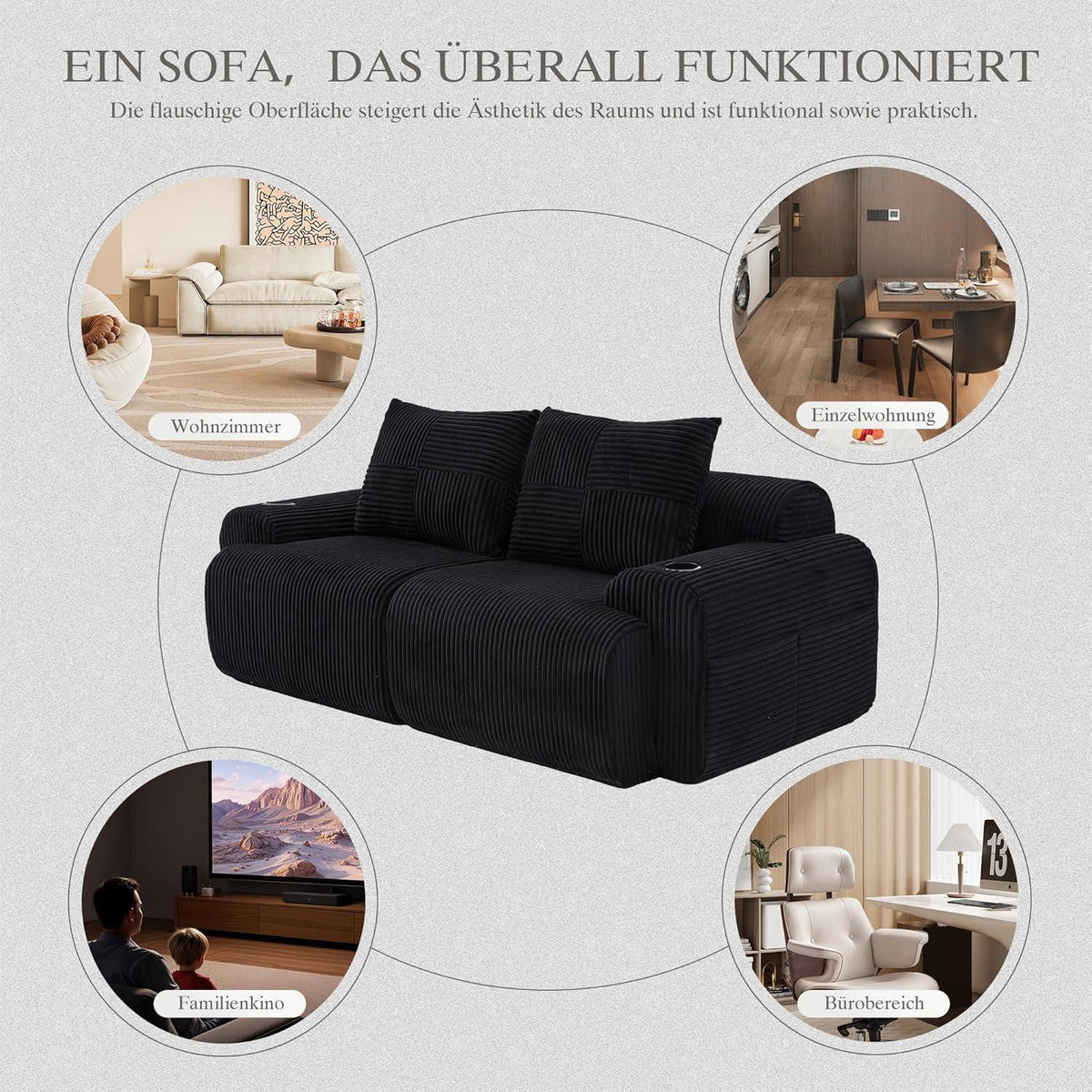 2-Sitzer Cord Sofa mit Getränkehalter & Tasche – Schwarz