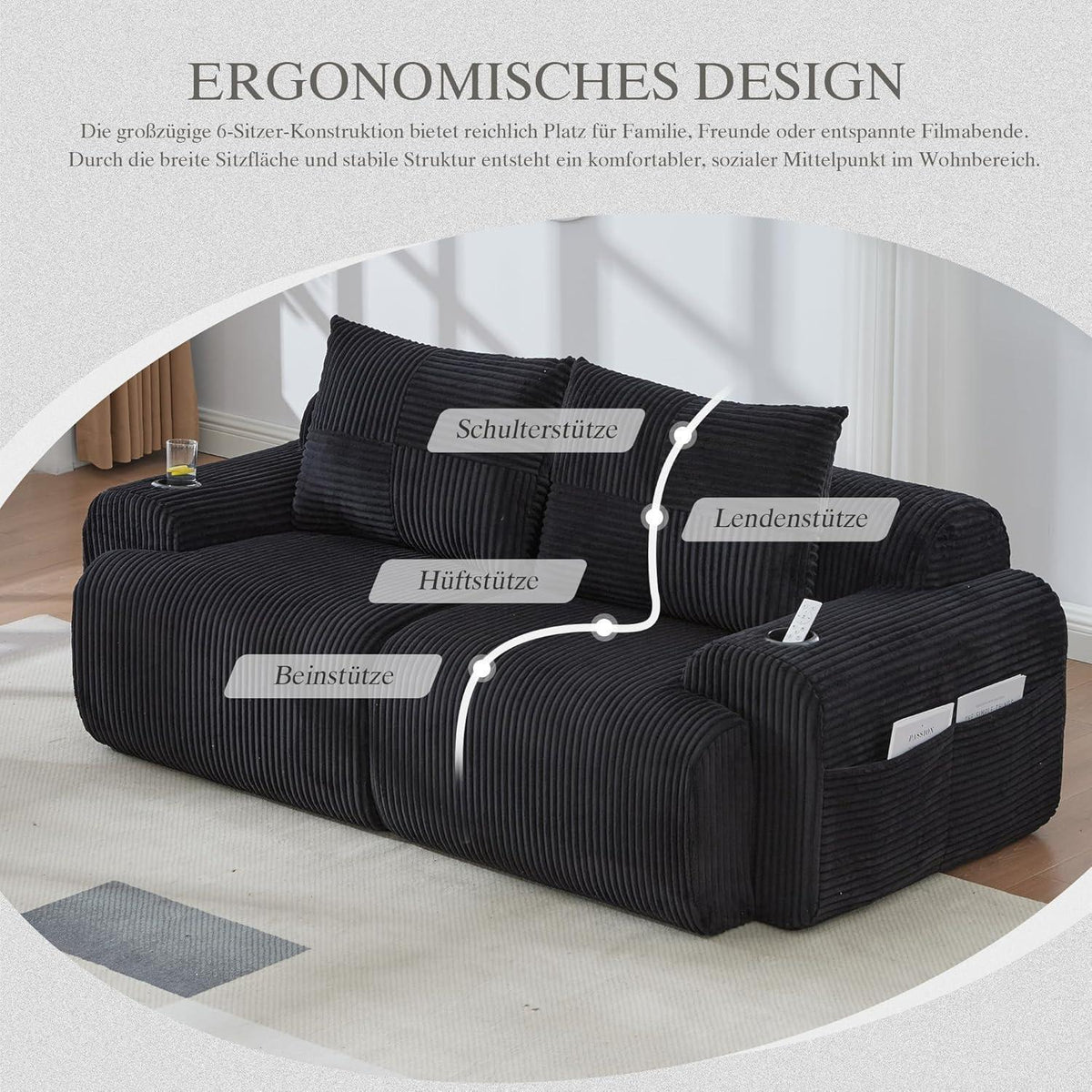 2-Sitzer Cord Sofa mit Getränkehalter & Tasche – Schwarz