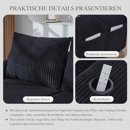 2-Sitzer Cord Sofa mit Getränkehalter & Tasche – Schwarz