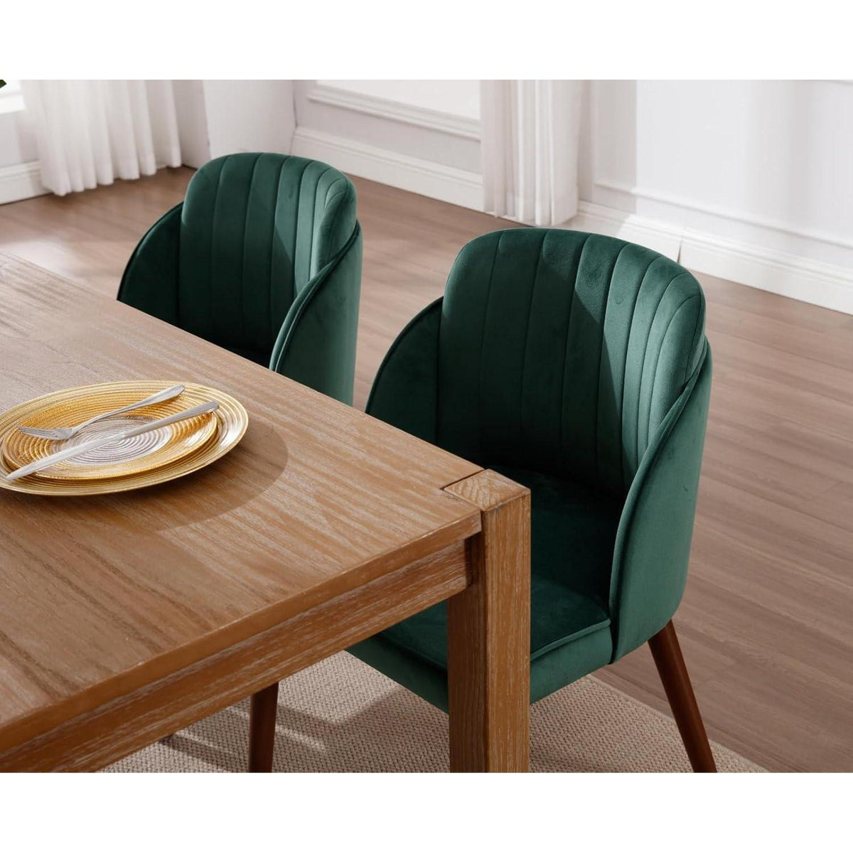 Esszimmerstühle 2er Set, Samt & Massivholz, Grün