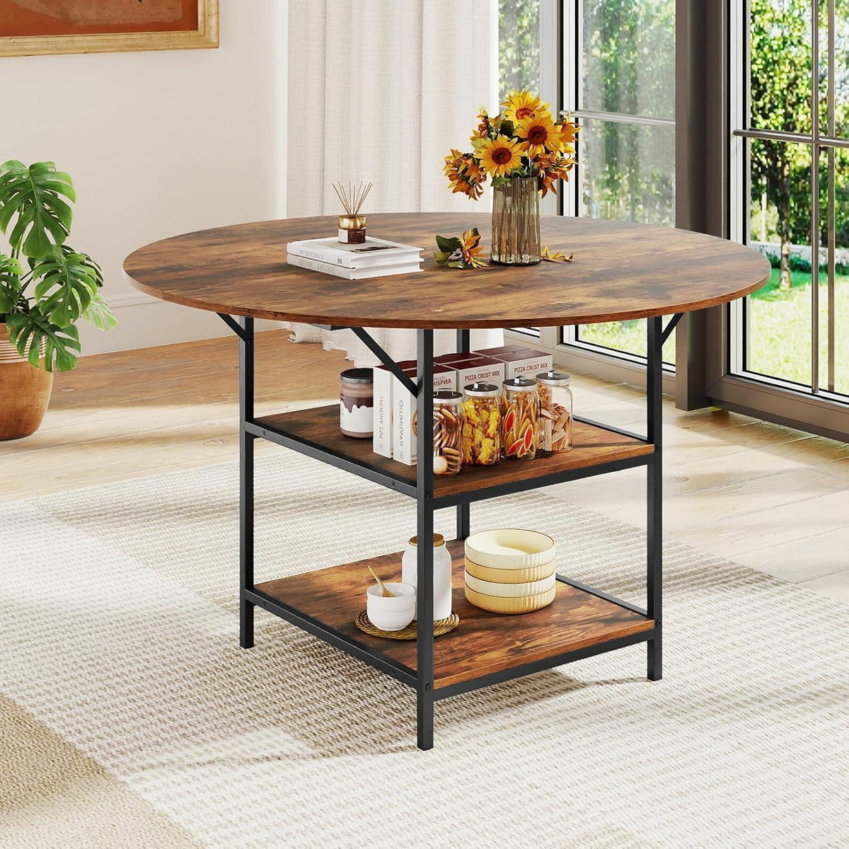 Runder Esstisch Holz 120cm mit Ablage & Metallbeinen – Vintage Braun