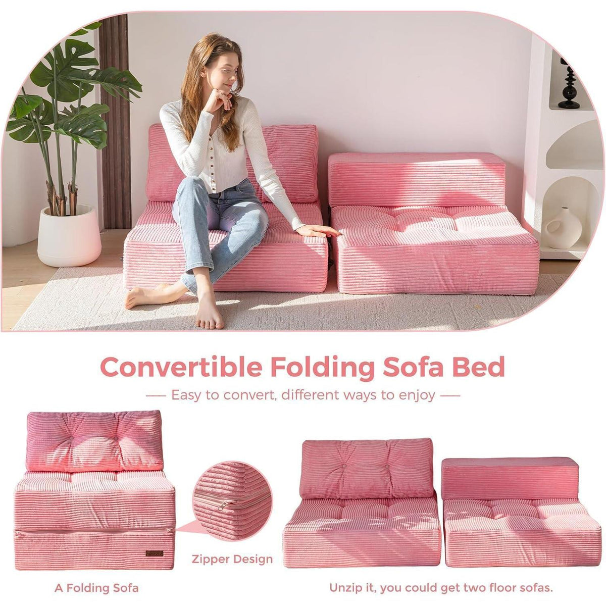 Klappsofa mit Schlaffunktion – Rosa Bodensofa & Gästebett