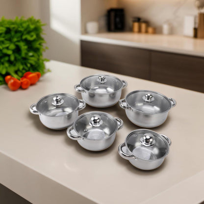 5-teiliges Edelstahl Kochgeschirr Set mit Glasdeckeln