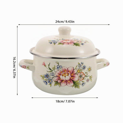 Emaille Kochtopf 1.6L mit Deckel – Vintage Rosen Muster