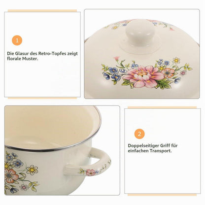 Emaille Kochtopf 1.6L mit Deckel – Vintage Rosen Muster