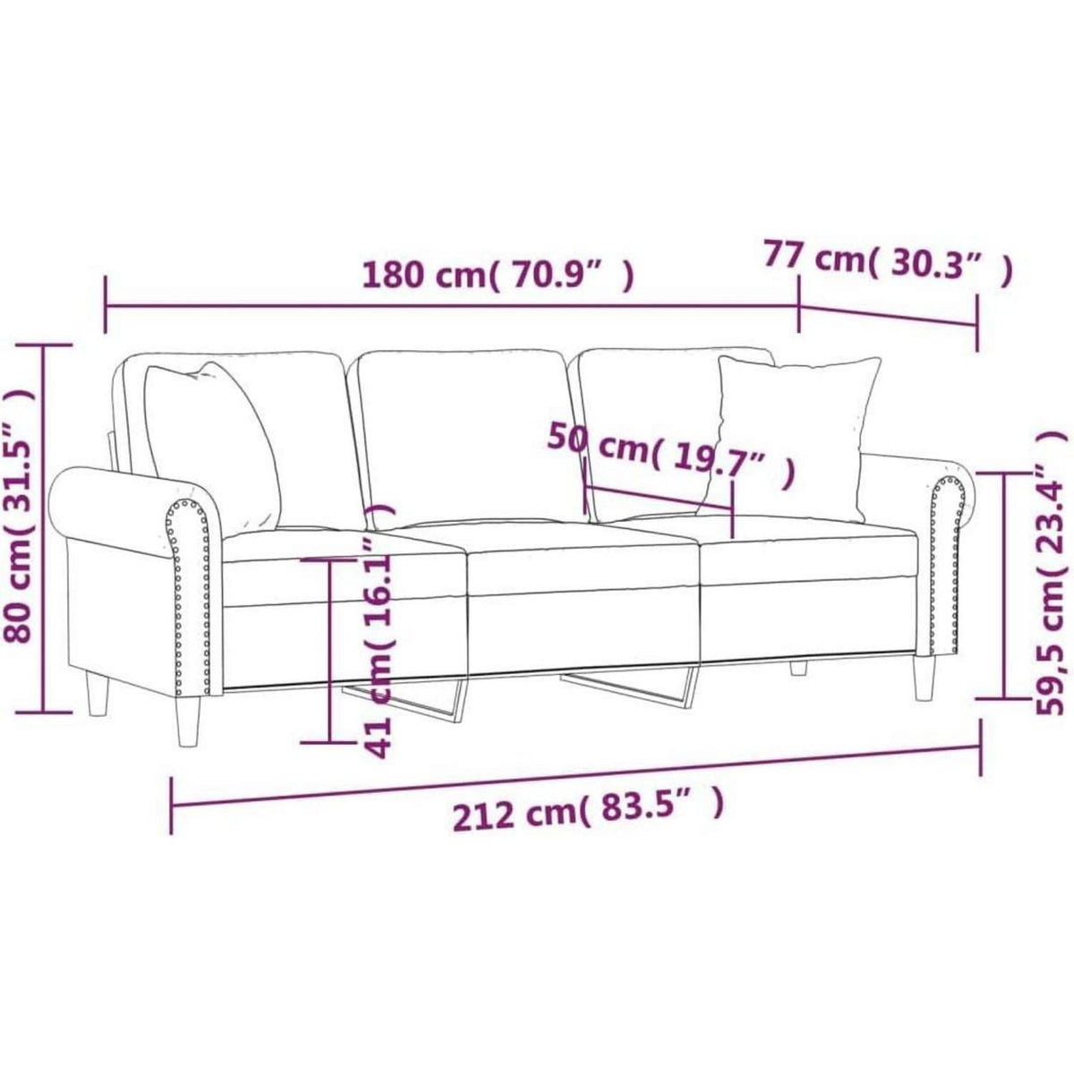 Modernes 3-Sitzer Sofa mit Armlehne, Creme Samt 180cm