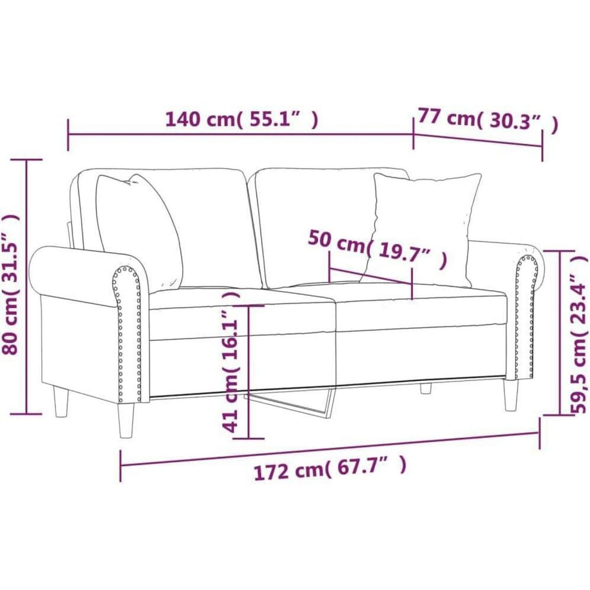 Rosa 2-Sitzer Sofa mit Samtbezug & Kissen – 140cm