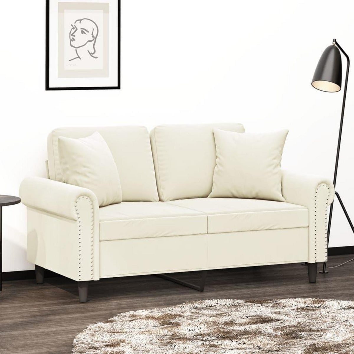 2-Sitzer Sofa Samt Creme – Modernes Mini Sofa mit Kissen