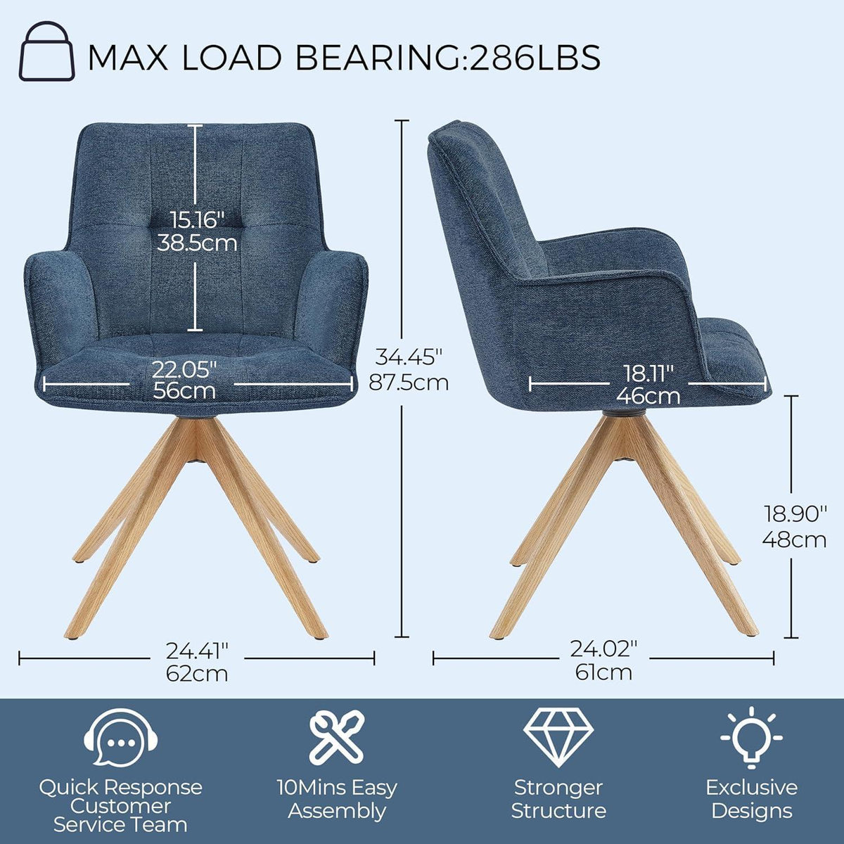 Drehbarer Sessel Blau Bouclé – Wohnzimmerstuhl mit Eichenholzbeinen