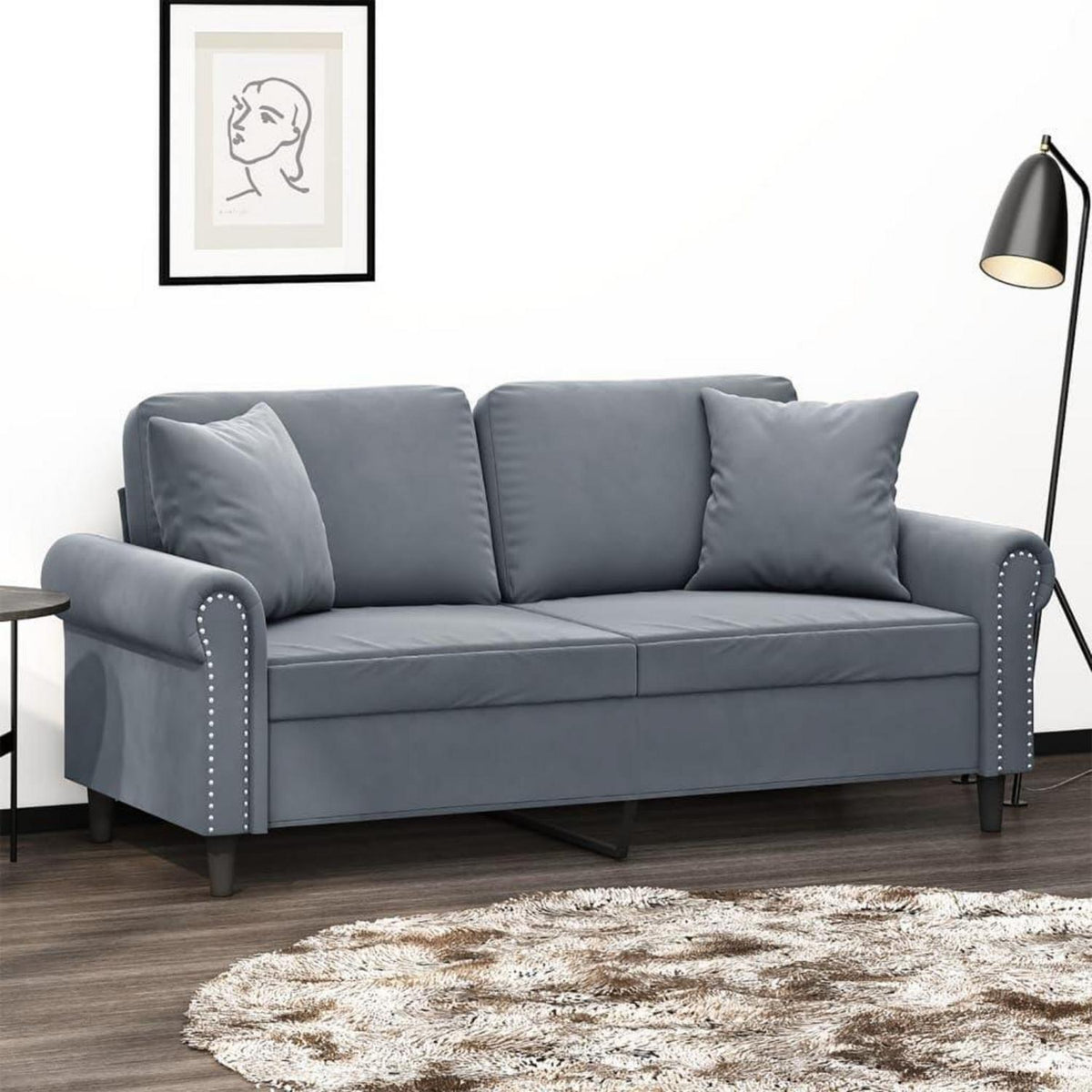2-Sitzer Sofa Samt Dunkelgrau – Modernes Mini Sofa mit Kissen