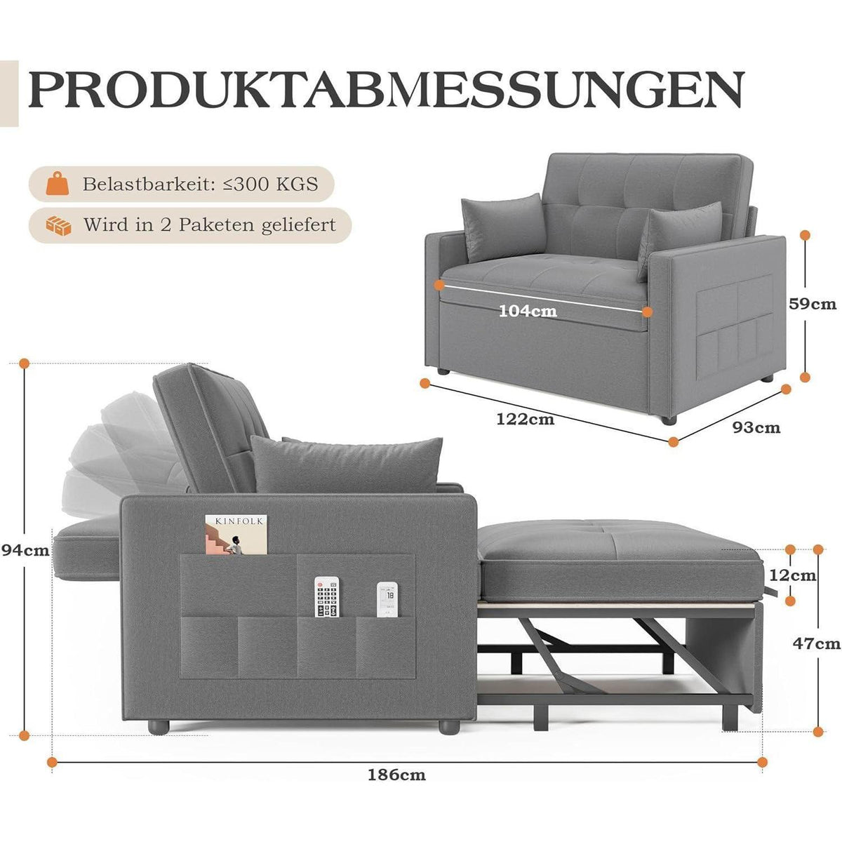 Schlafsofa 186x122cm – Verstellbare Schlafcouch mit Kissen & Stauraum