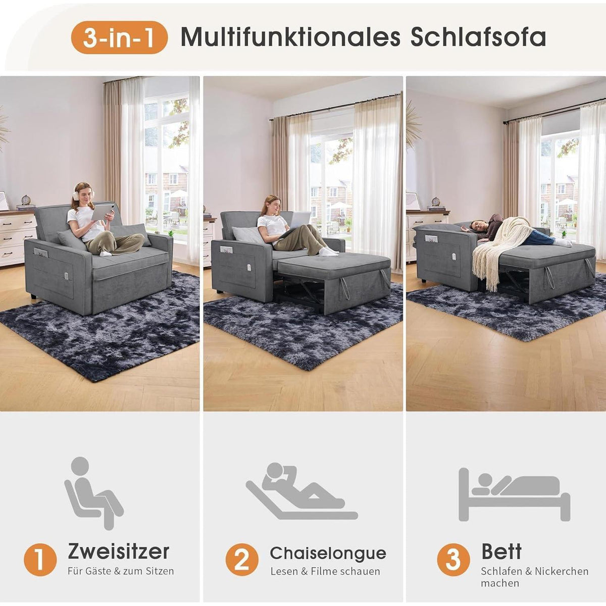 Schlafsofa 186x122cm – Verstellbare Schlafcouch mit Kissen & Stauraum