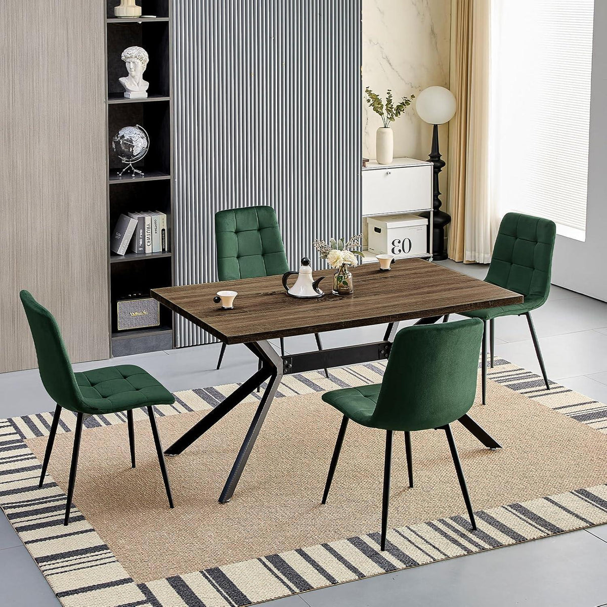 Esstisch Set Dunkelgrün & Dunkelholz | 140x80cm Tisch + 4 Stühle