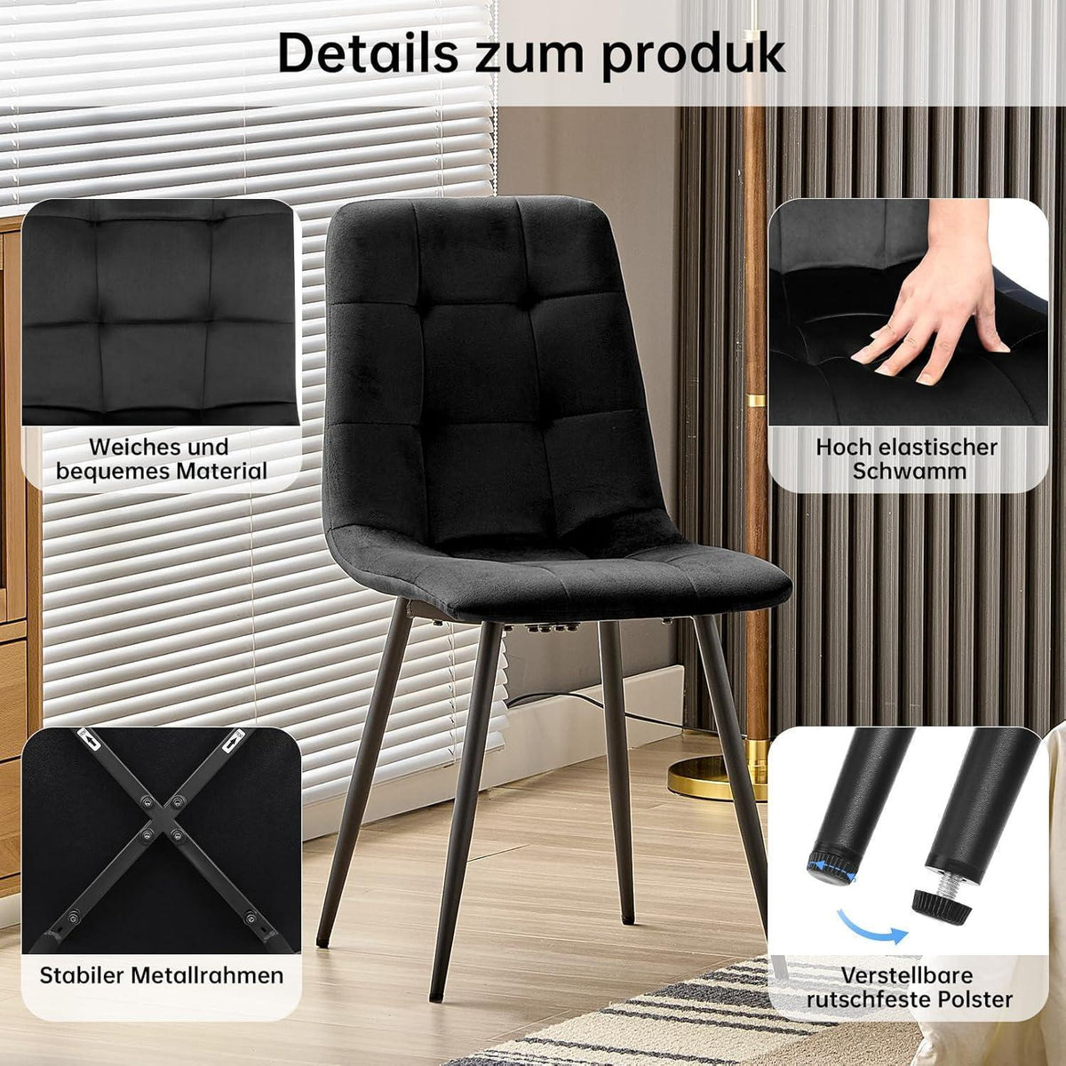 Esstisch Set mit 4 Samtstühlen – Helles Holz 140x80cm