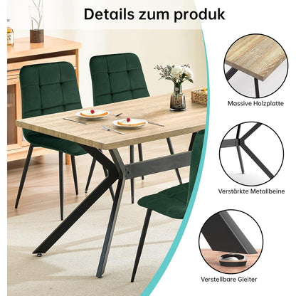 Esstisch Set mit 6 Samtstühlen – Helles Holz 140x80cm