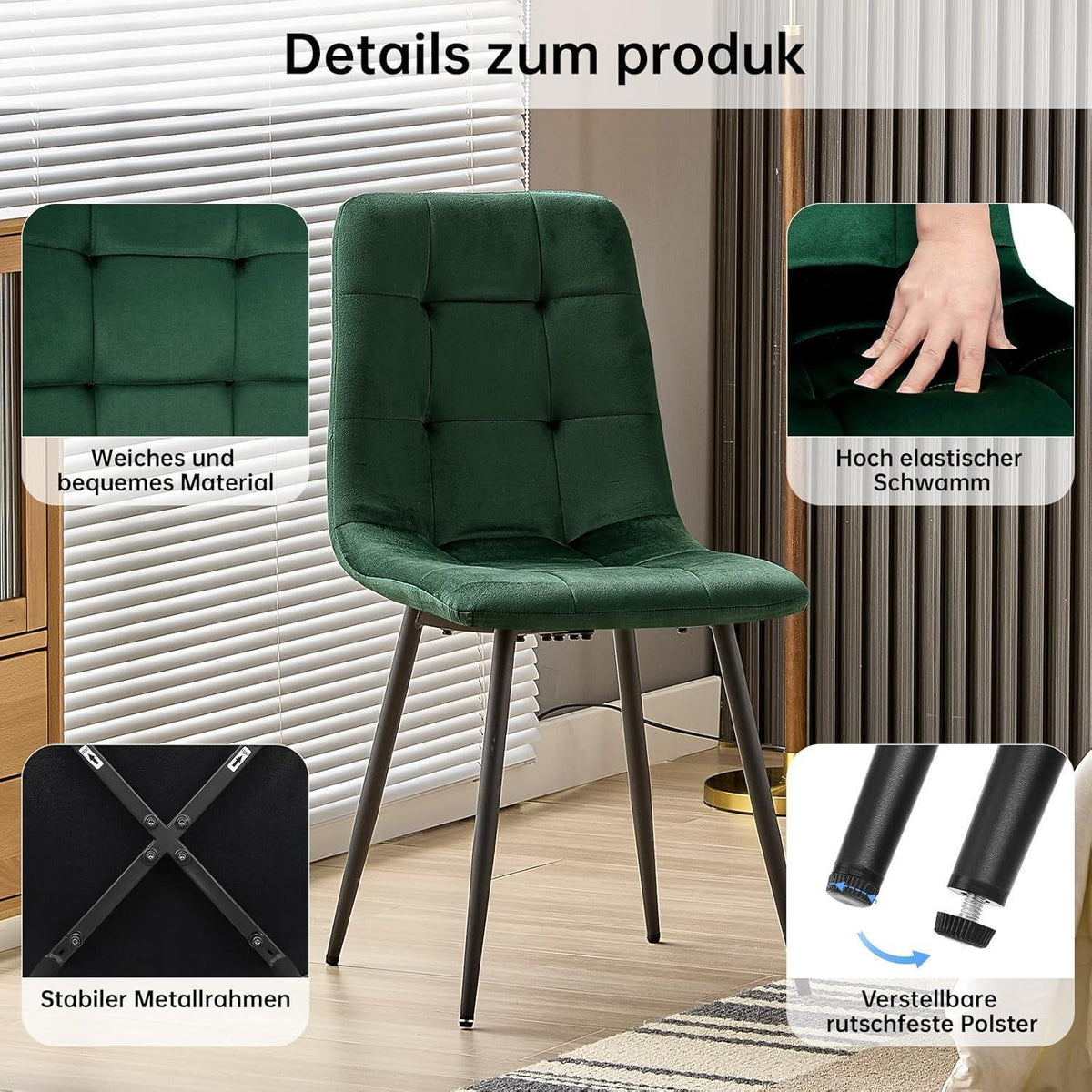 Esstisch Set mit 6 Samtstühlen – Helles Holz 140x80cm