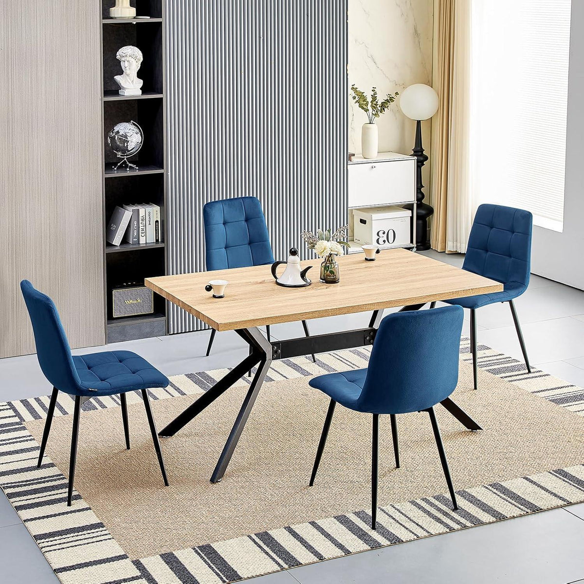 Esstisch Set mit 4 Samtstühlen – 140x80cm Holz Küchentisch