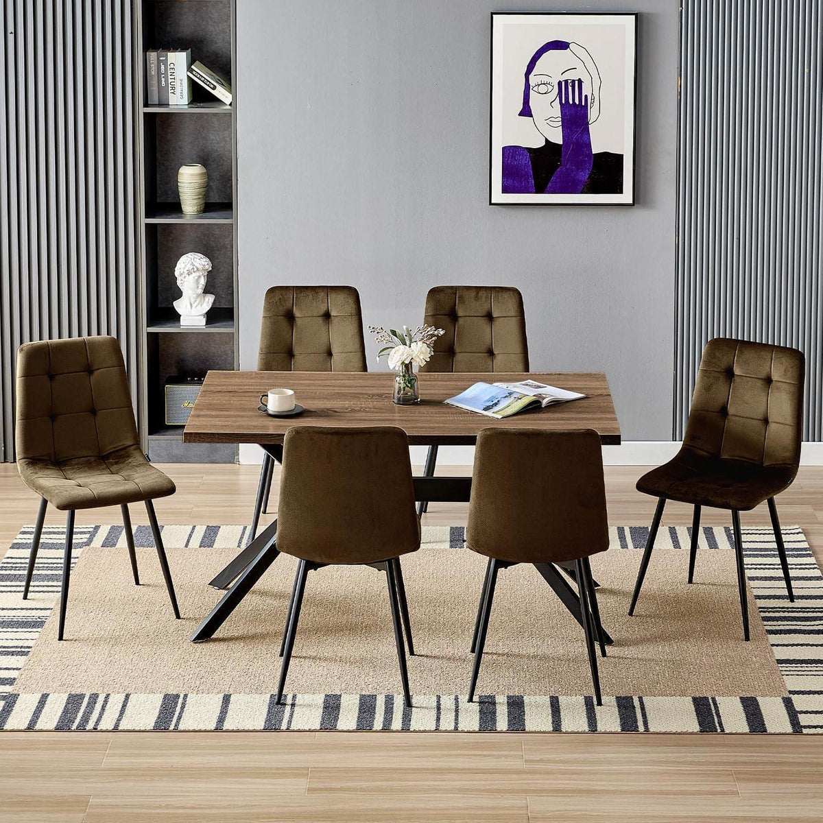 Esstisch Set Dunkelholz mit 6 Samtstühlen 140x80cm