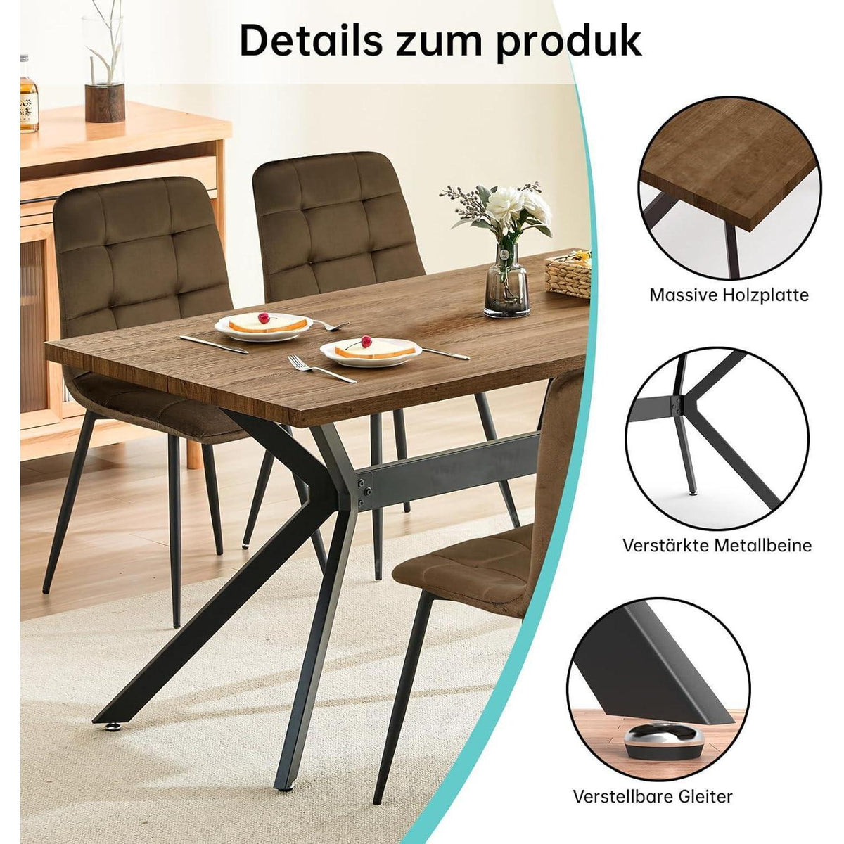 Esstisch Set Dunkelholz mit 6 Samtstühlen 140x80cm