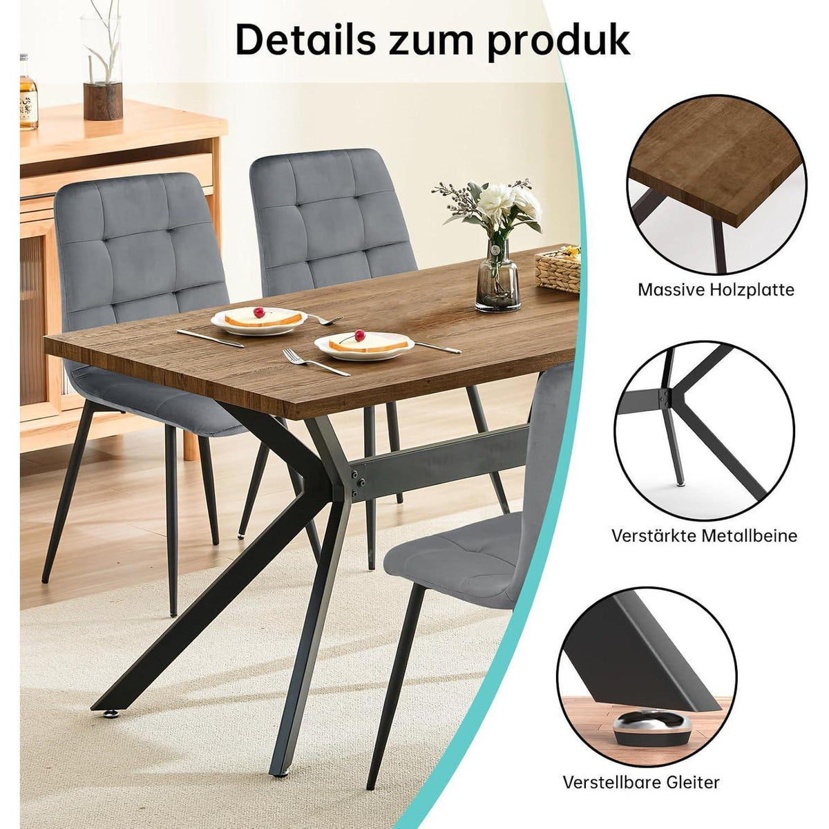 Esstisch Set Dunkelgrau & Dunkelholz 140x80cm mit 4 Stühlen
