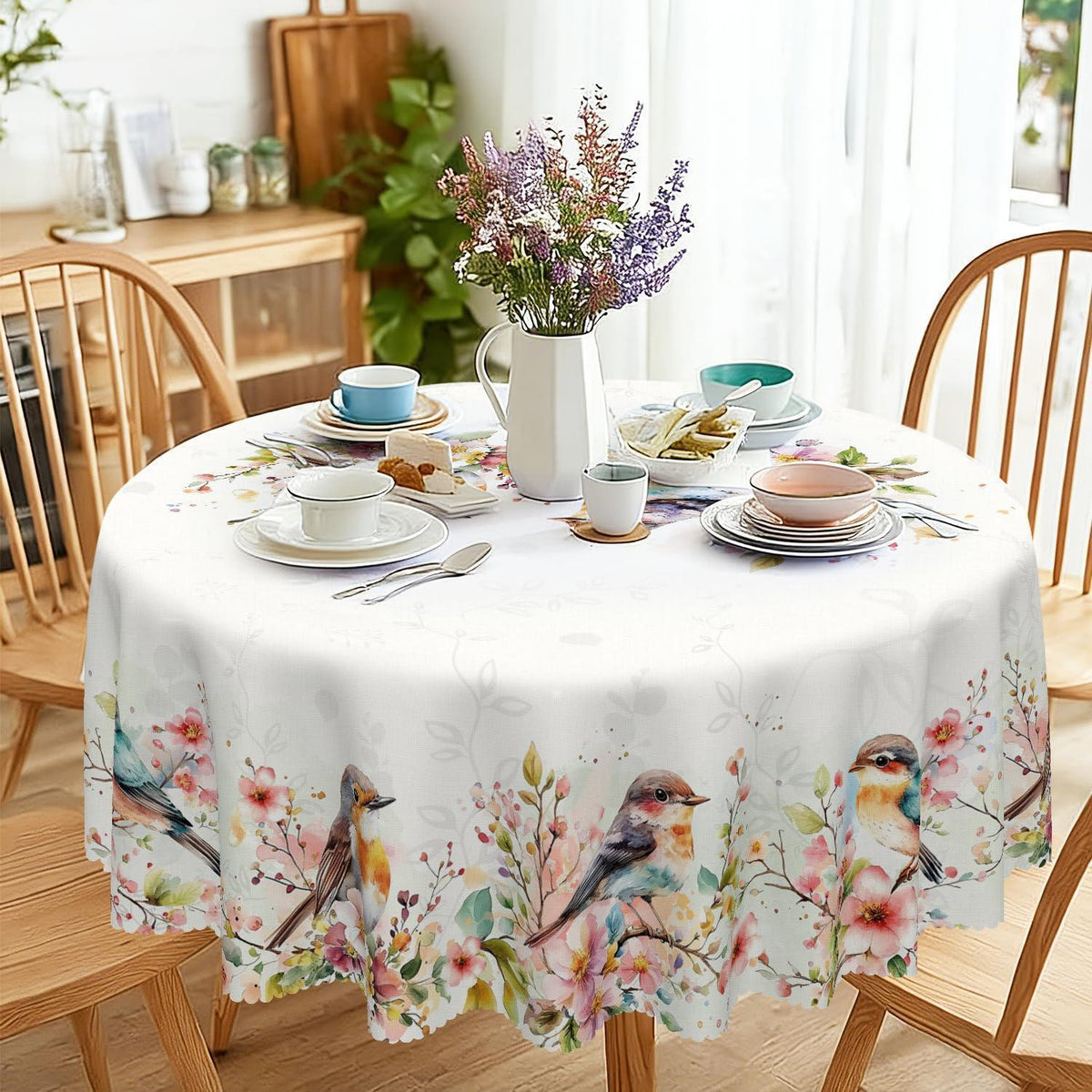 Runde Tischdecke 120 cm – Wetterfest & Abwaschbar mit Vogelmuster